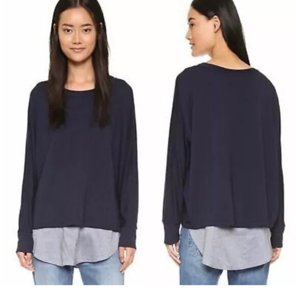 Vince Mixed media navy shirttail blouse